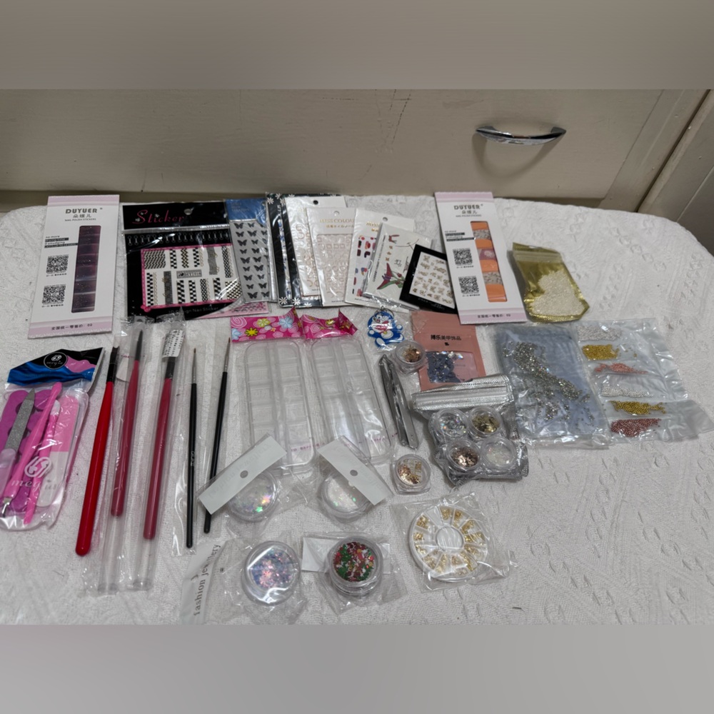 New NAIL Art Decals, Gems, Glitter, tools, storage boxes